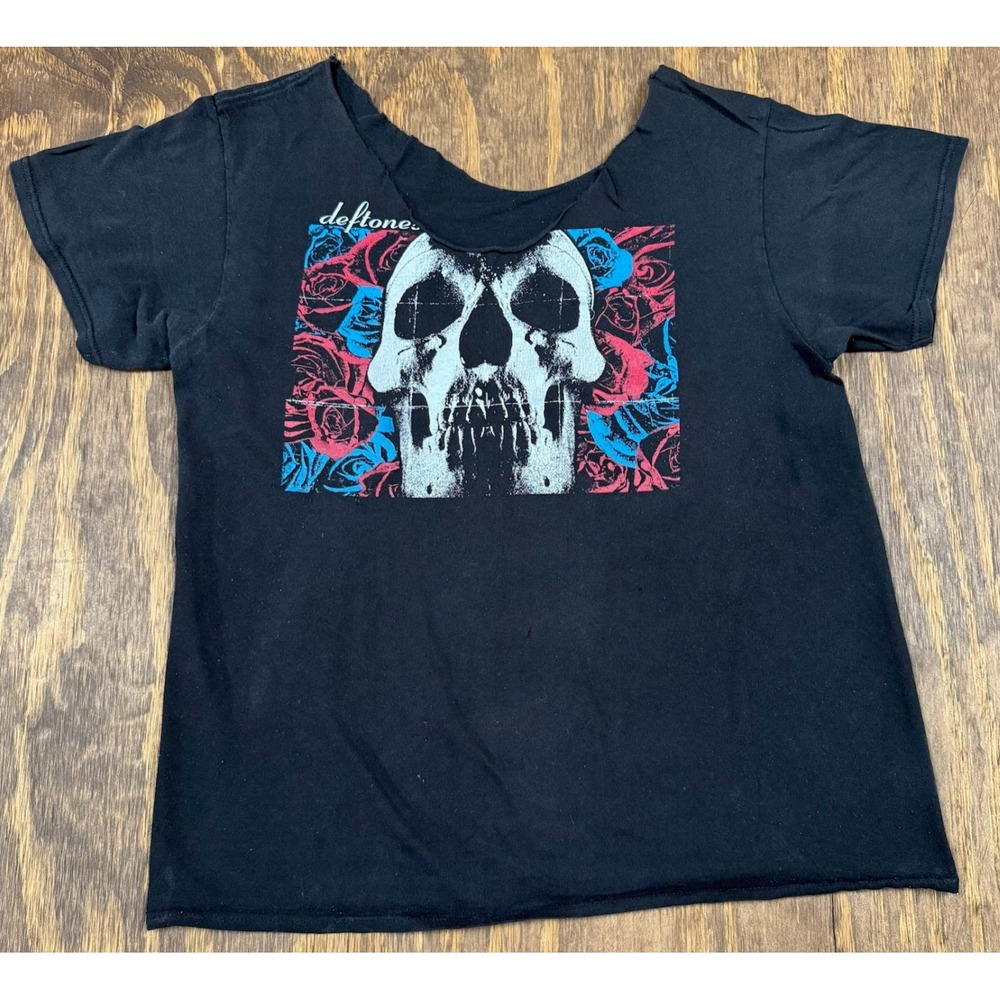 Deftones Rose Skull Graphic Tee XL Black Distressed Cut Neck Band Shirt Goth
